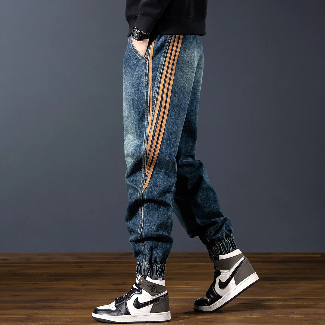 MR.MUDI/穆迪先生美式重磅侧边束脚牛仔裤男士秋季潮牌拼接宽松