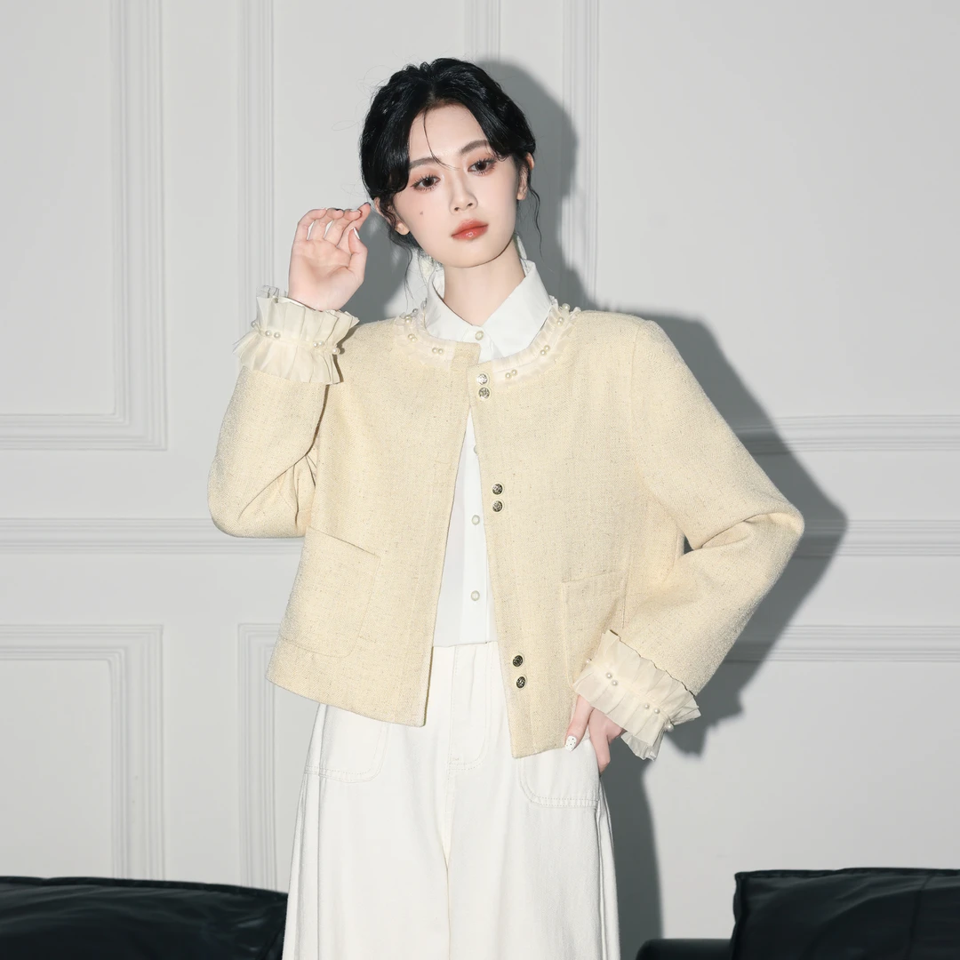 法式小香风外套女秋季2025春秋新款设计感蕾丝边夹克开衫短款上衣