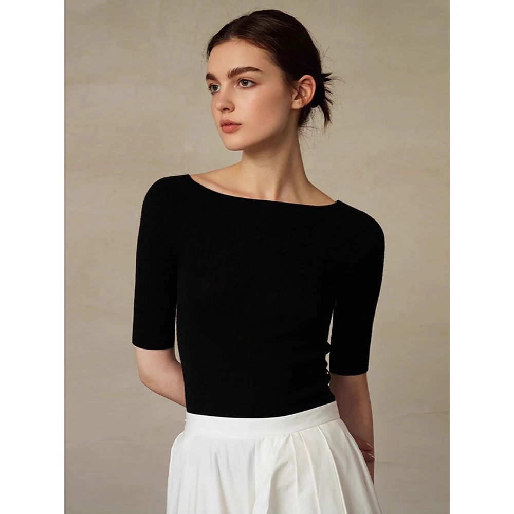 法式一字领冰丝短袖针织衫女春夏薄款修身内搭中袖打底衫套头上衣