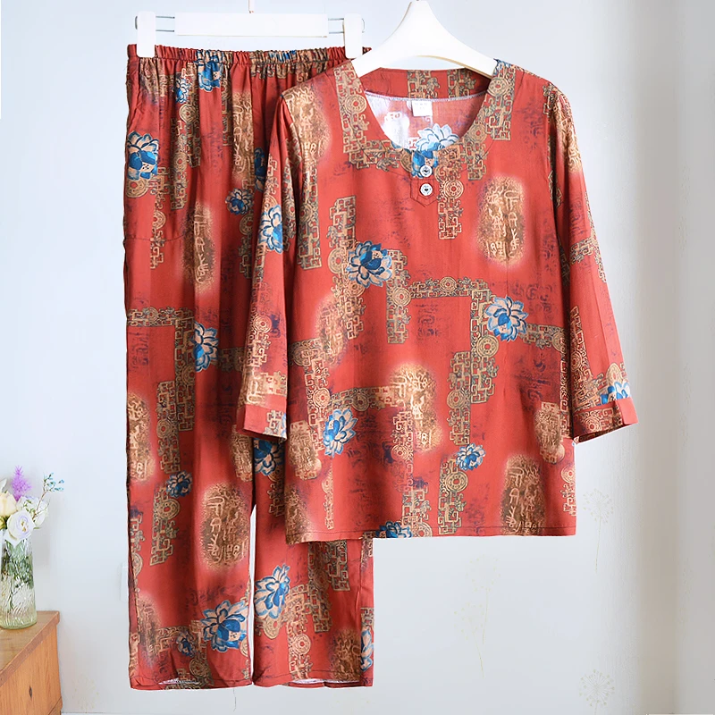 女夏薄款棉绸睡衣套头七分中袖中老年人造棉妈妈家居服可外穿套装