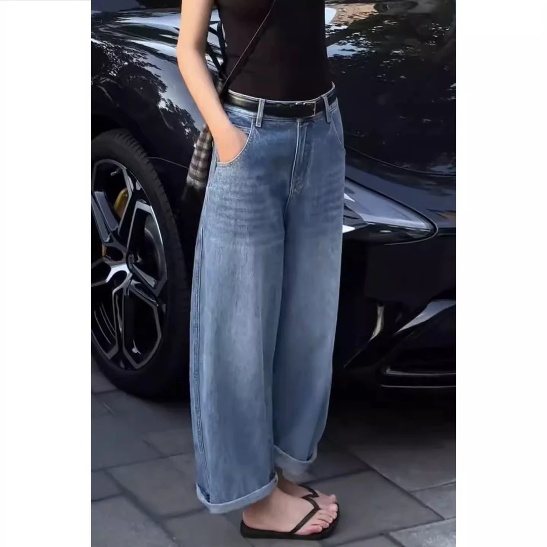 牛仔裤女2025夏季新款大码高腰显瘦九分直筒时尚蓝色弯刀阔腿裤子