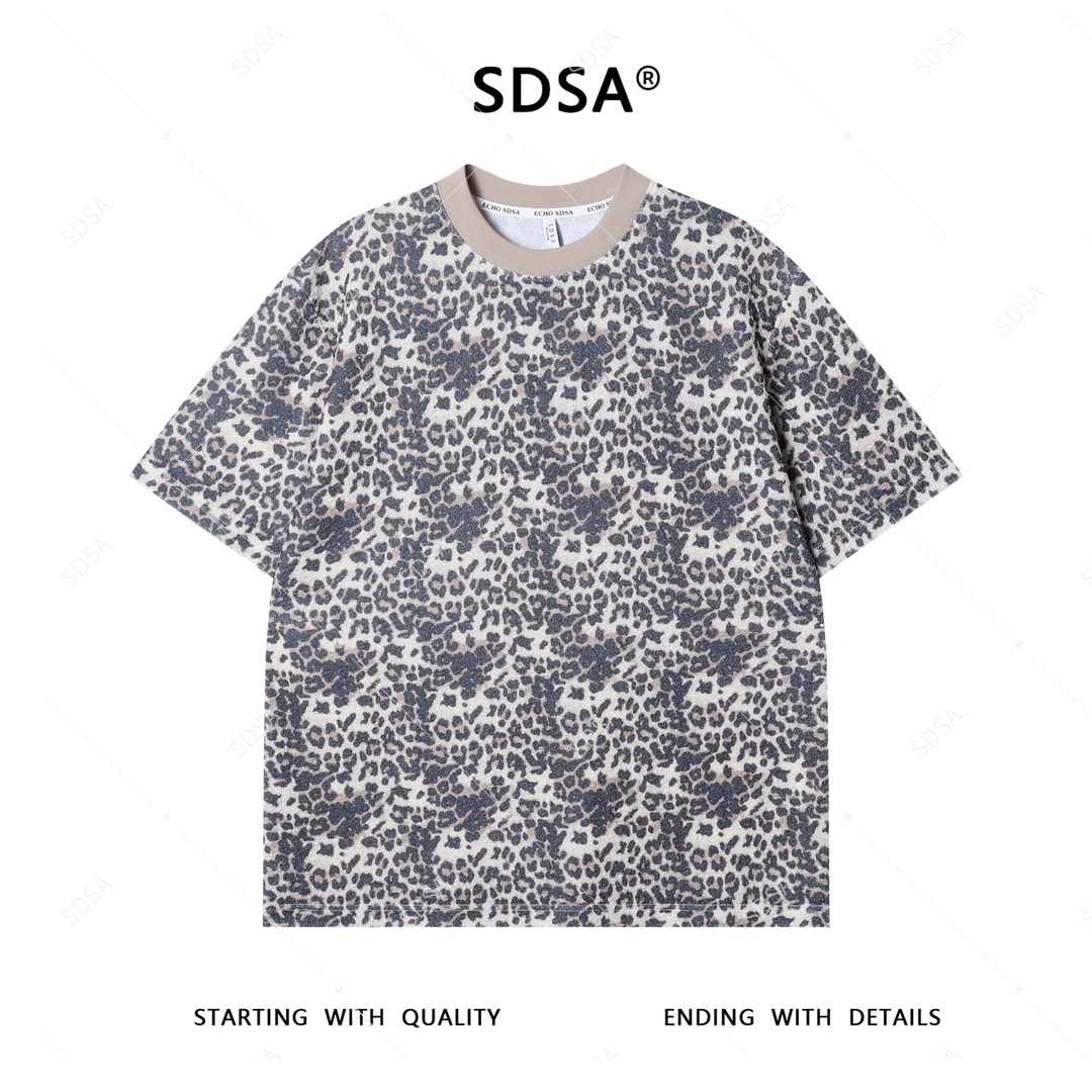 夏季高级感新款男士美式豹纹设计短袖T恤细闪百搭圆领宽松上衣