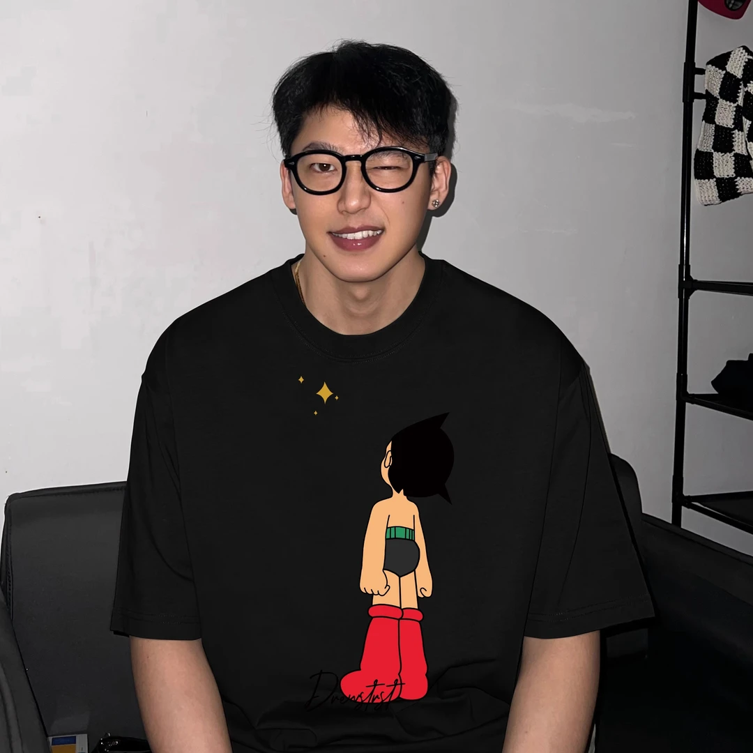 HIP潮牌美式复古阿童木短袖t恤男女夏街头百搭情侣款纯棉重磅上衣