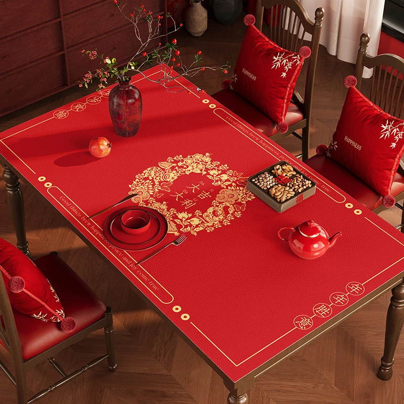2025新年桌垫免洗防油防水过年蛇年红色春节装饰轻奢高级感茶几垫