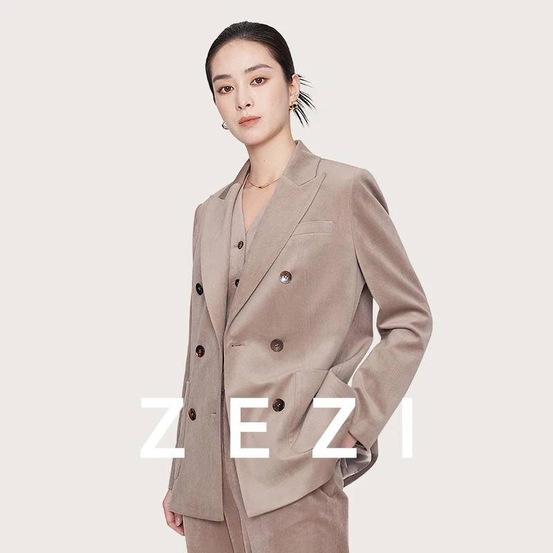 ZEZI【路飞专属】细灯芯绒双排扣贴袋西装休闲气质女西服Z14A118J