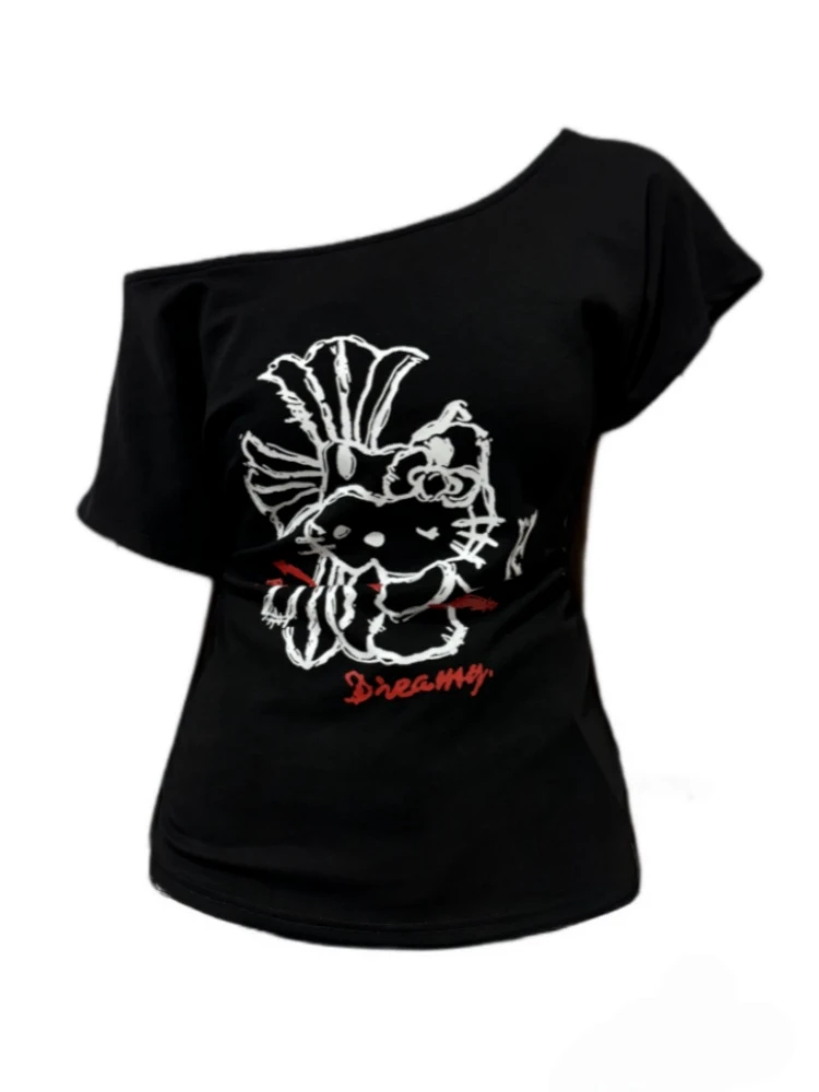 【Amy家】微胖mm纯欲风Kitty印花斜肩短袖T恤女夏季设计感显瘦上衣