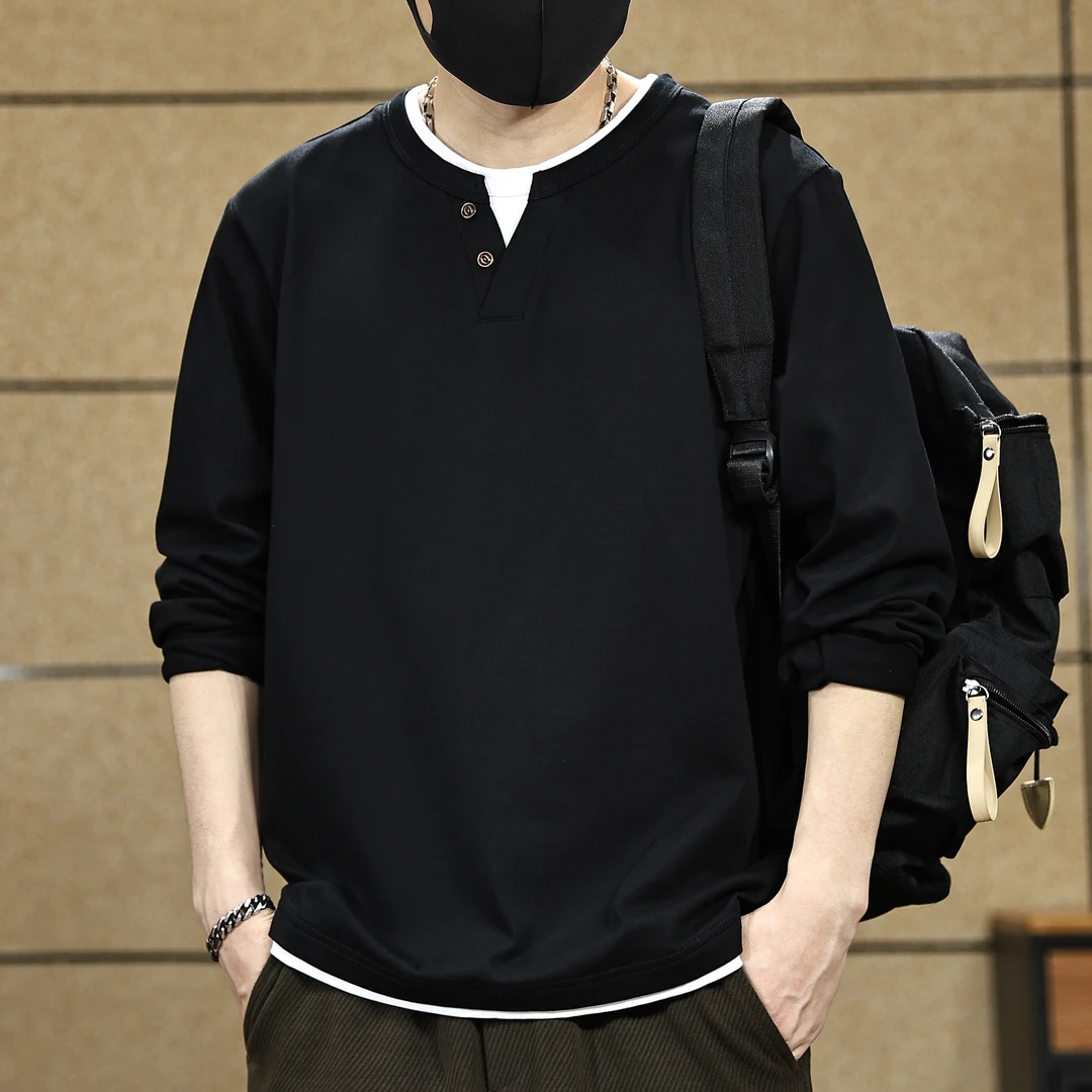 美式复古重磅276g假两件长袖T恤男秋季宽松简约百搭V领休闲打底衫