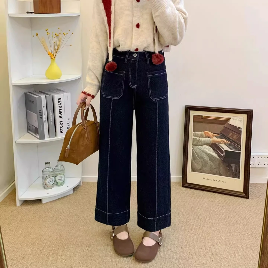 黑金色弹力直筒牛仔裤女冬季加绒大码胖mm梨形报恩裤显瘦阔腿裤子