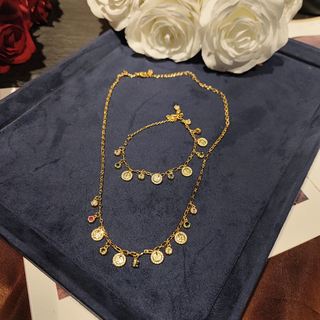 铜合金项链 平安喜乐彩色石头项链手链时尚气质开口戒套装金色