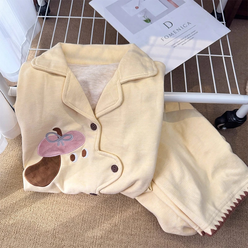 秋冬款加厚德绒睡衣女春秋季甜美小狗长袖长裤保暖柔软套装可外穿