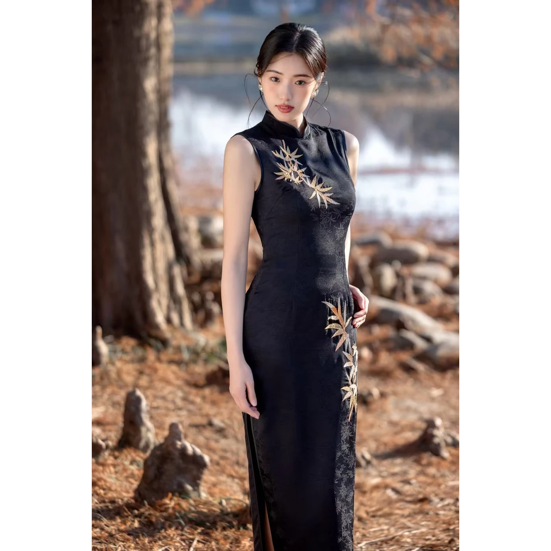 【织锦提花 金竹刺绣】春季新款后拉链旗袍无袖裙子 【裙长125左右】