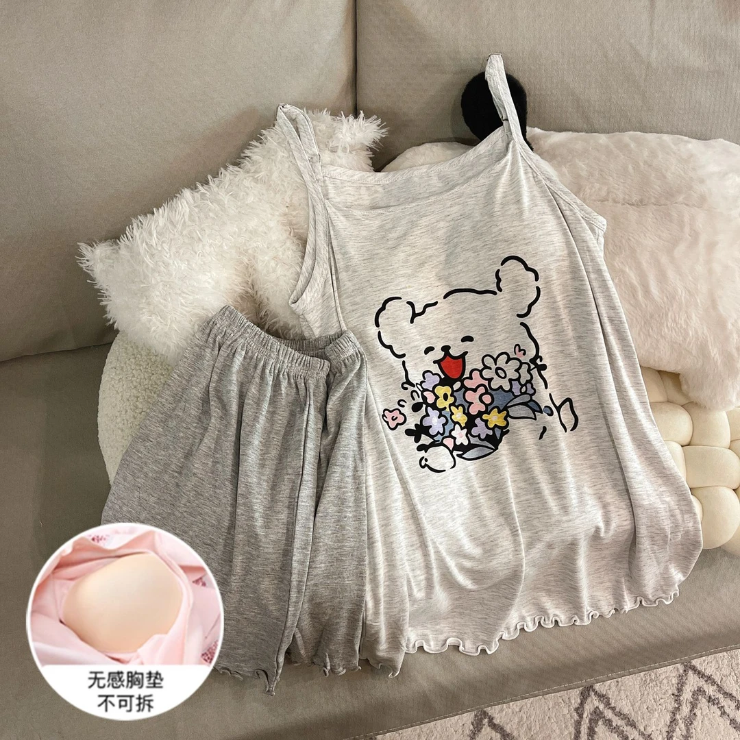 吊带睡衣女士夏季大码凉感带胸垫2025新款花小狗套装可外穿家居服