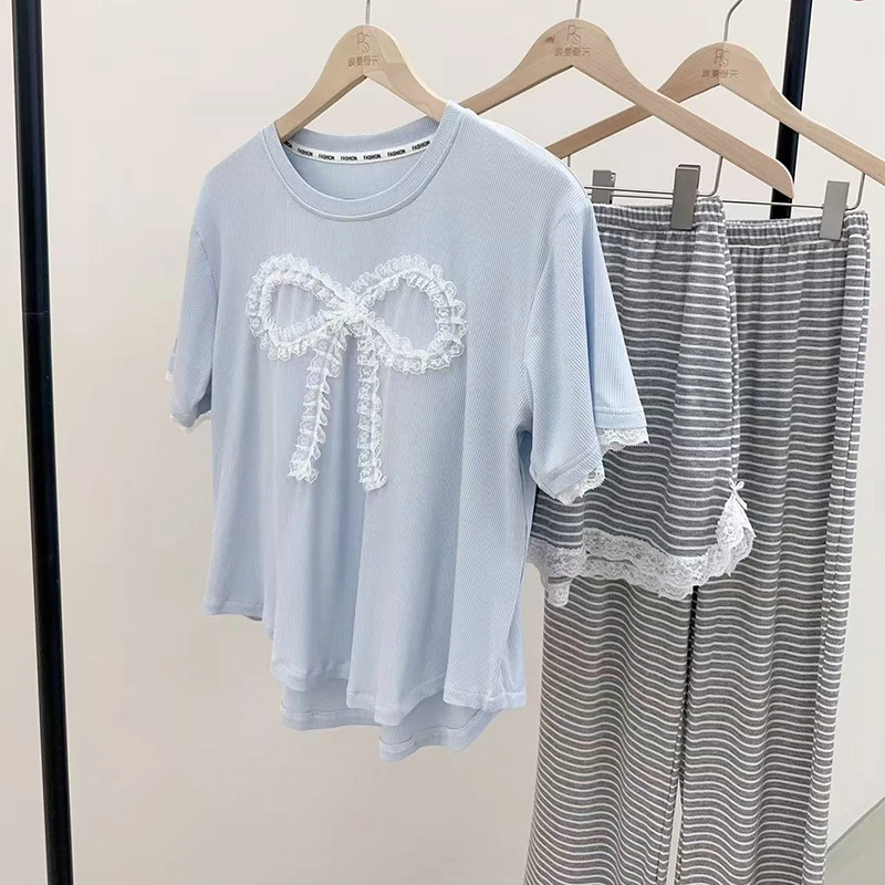 【蝶纹】带杯垫三件套蝴蝶结短袖女夏睡衣家居服可外穿透气舒适2298