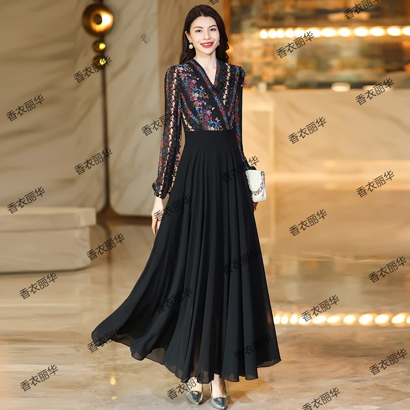 香衣丽华28A-293春季新款长袖V领花色大摆连衣裙修身显瘦气质长裙