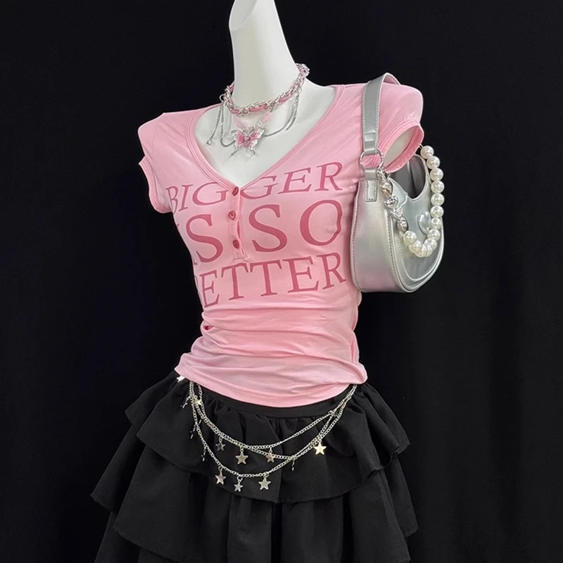 美式修身女款T恤甜美小众气质收腰显瘦粉色印花短袖衫设计高级感