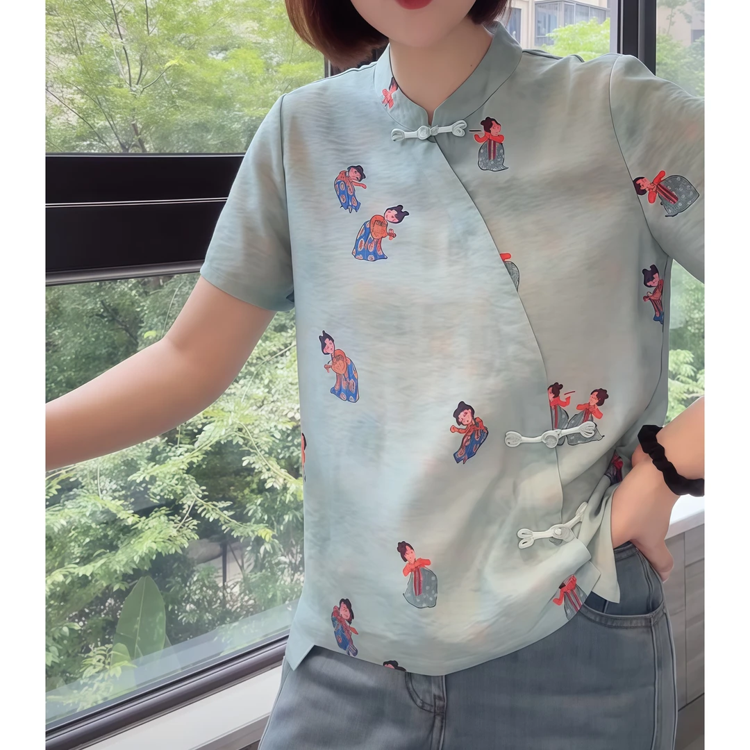 小唐人中式立领盘扣洋气短袖T恤女小衫2025设计感下摆不规则上衣