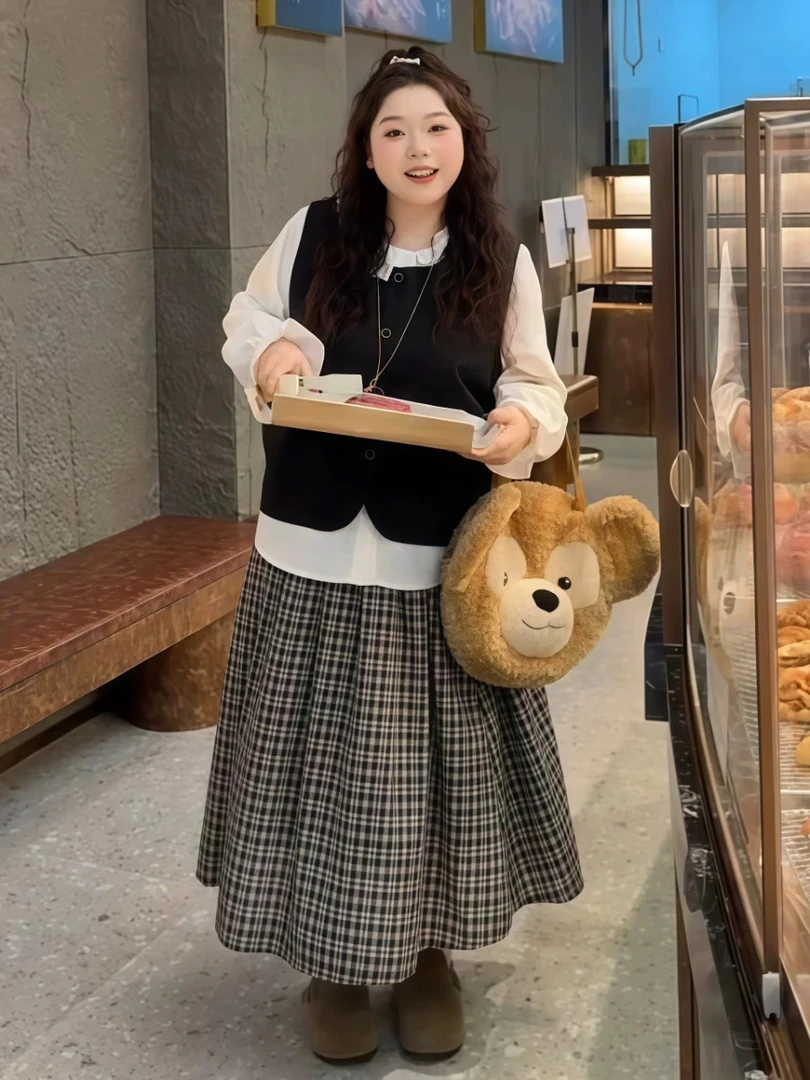 叠穿西装马甲衬衫秋季胖mm格子半身裙三件套女早秋穿搭一整套001