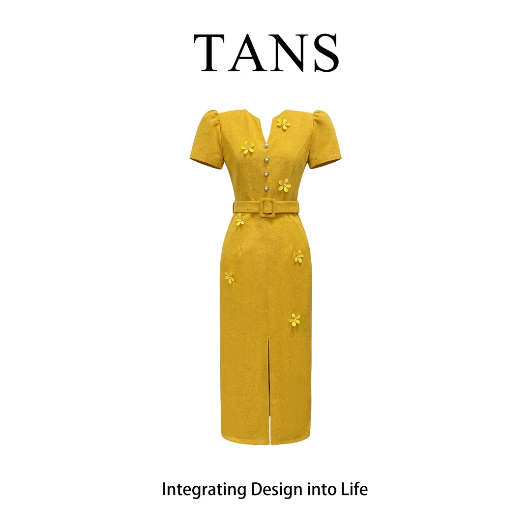 现货 TANS【夏季新品】黄色连衣裙法式重工设计感时尚长款裙子