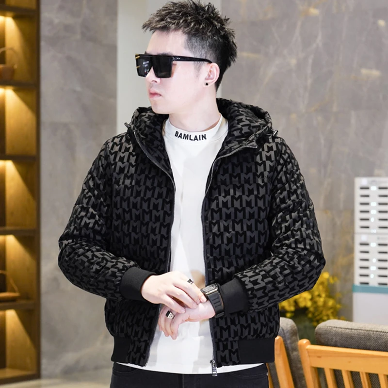 轻奢潮牌白鸭绒羽绒服男款冬季2024新款潮流植绒连帽加厚男士外套