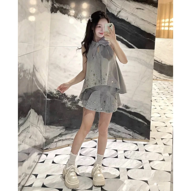 【CG-Y】NO退NO换温柔灰调！兔耳朵绑带钉珠浅灰色牛仔背心半裙套装