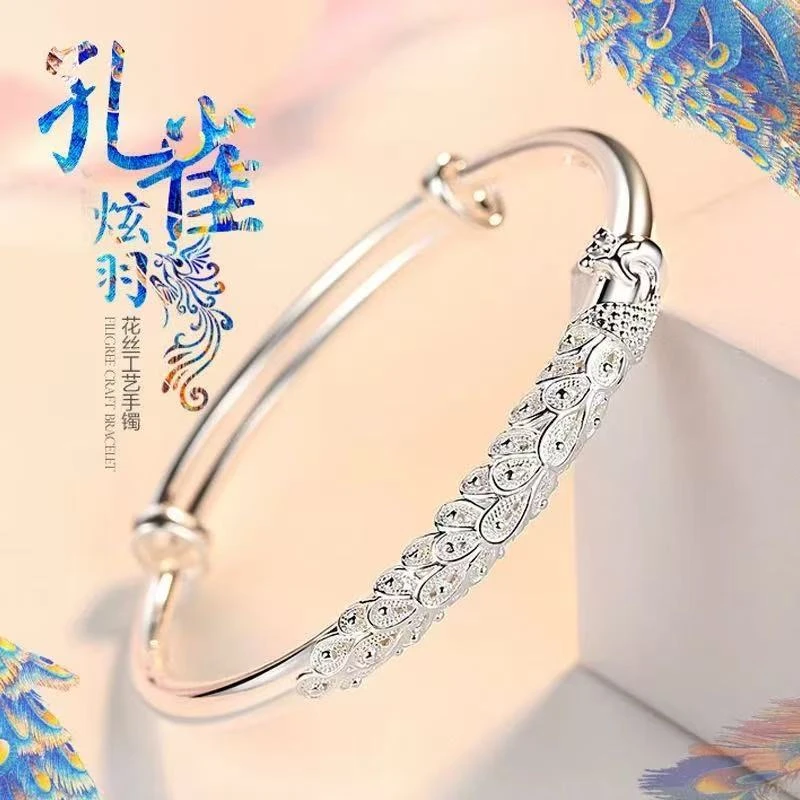足银手镯43号链接足银999.9孔雀推拉手镯送女友妈妈礼物