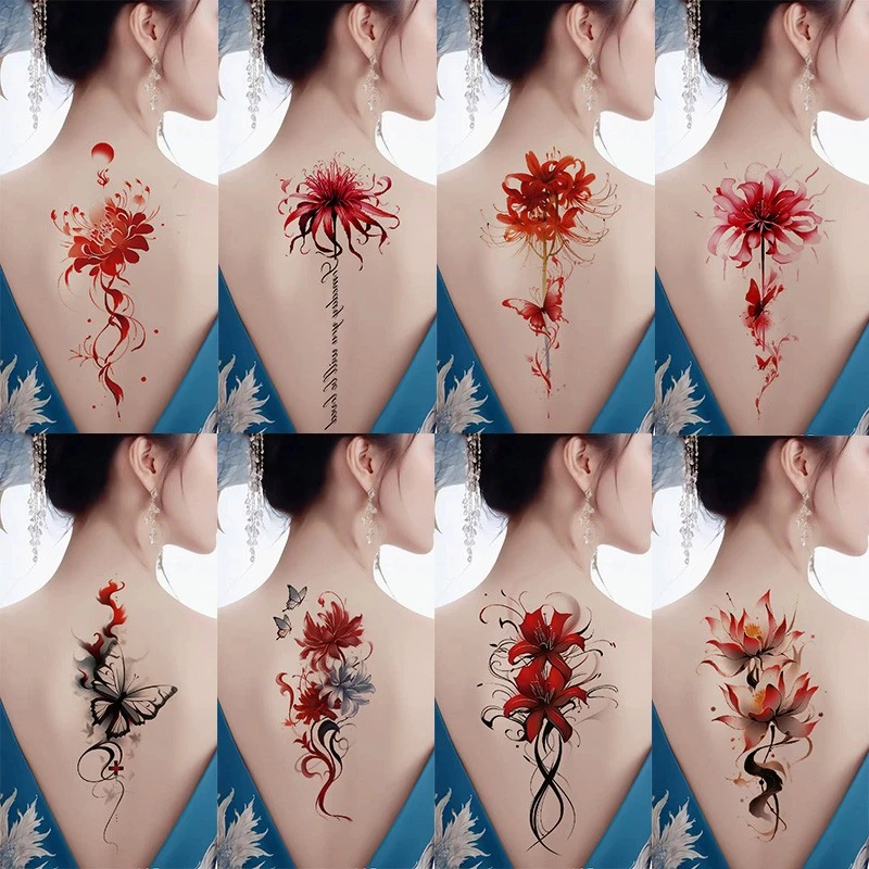 彩色纹身贴女持久防水高级性感仿真半永久花臂后背遮疤彼岸花图案