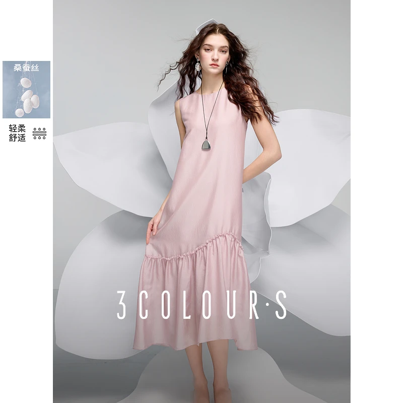 三彩2025春季新款桑蚕丝连衣裙无袖A字裙宽松长裙S