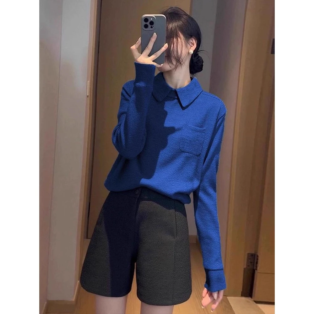 韩系慵懒风蓝色翻领长袖针织衫女2025秋季新款时尚宽松百搭上衣潮
