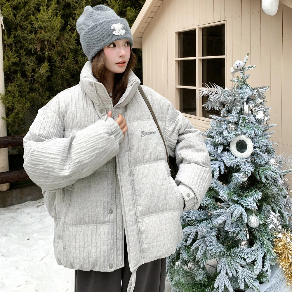 肌理感华夫格立领羽绒服女冬2025新款加厚保暖休闲90白鸭绒面包服