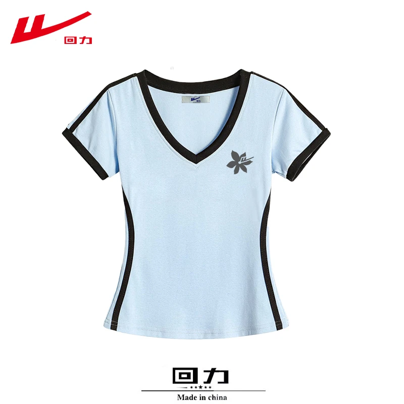 回力设计感夏季夏装棉短袖T恤女时尚常规修身插色显瘦运动服装