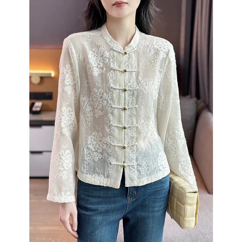 左左家 高级感重工剌绣~中式国风盘扣亚麻衬衫女短款宽松防晒上衣