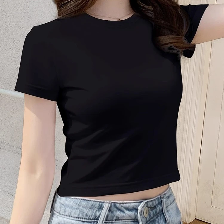 夏季黑色短款t恤女短袖修身2025新款高腰百搭露脐正肩纯色上衣ins