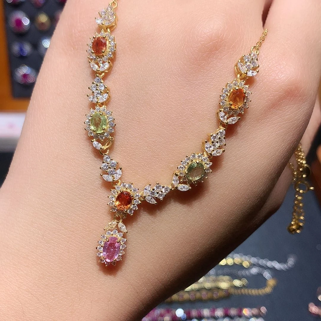 银S925镶嵌彩色蓝宝石颈饰