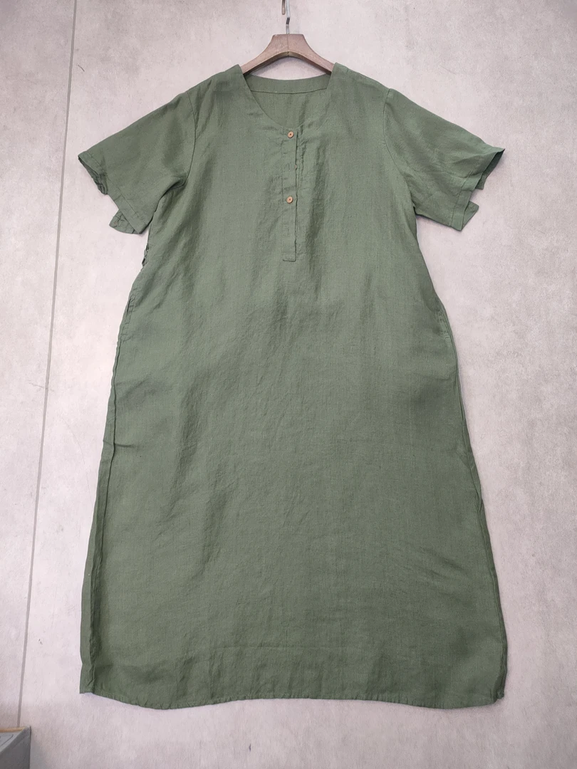 （军绿）鸡心领汉麻单排扣腰带百搭显瘦休闲连衣裙XHH 22301