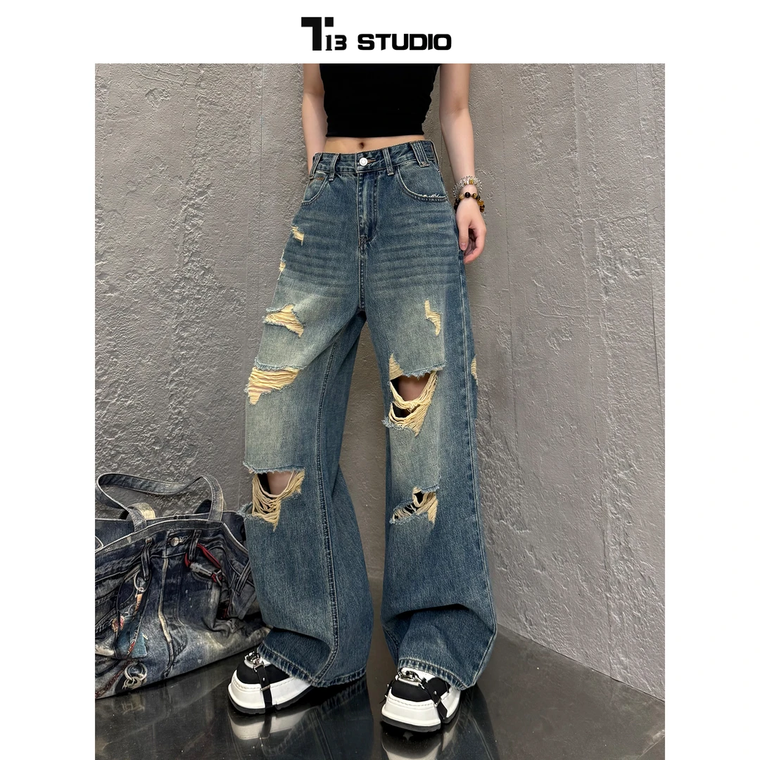 T13妮妮【B1023】夏季系列破洞新款宽松中高腰显瘦直筒牛仔裤女款