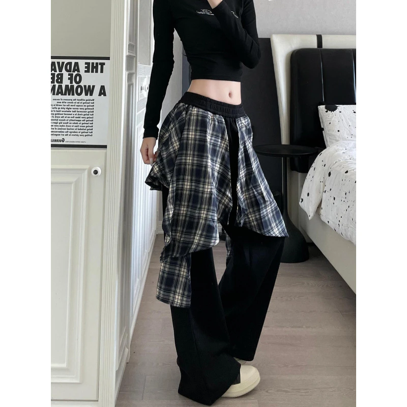 美式复古格子裙摆拼接风休闲裤女秋阔腿宽松痞帅高级感裤子