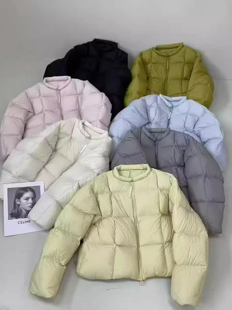 23624韩版白鸭绒泡芙云朵羽绒服圆领简约方块衍缝短宽松面包服潮