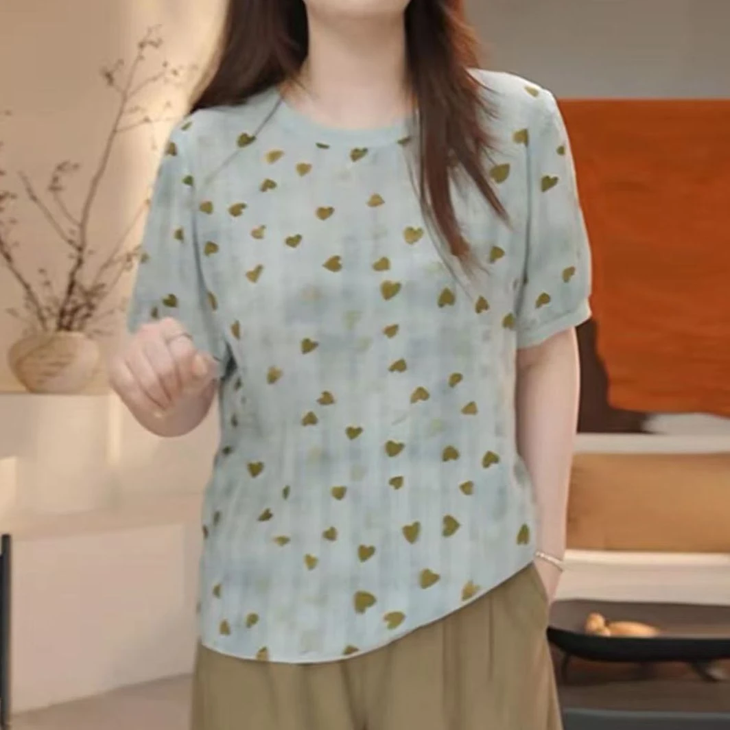 22260女士圆领爱心印花气质宽松休闲上衣