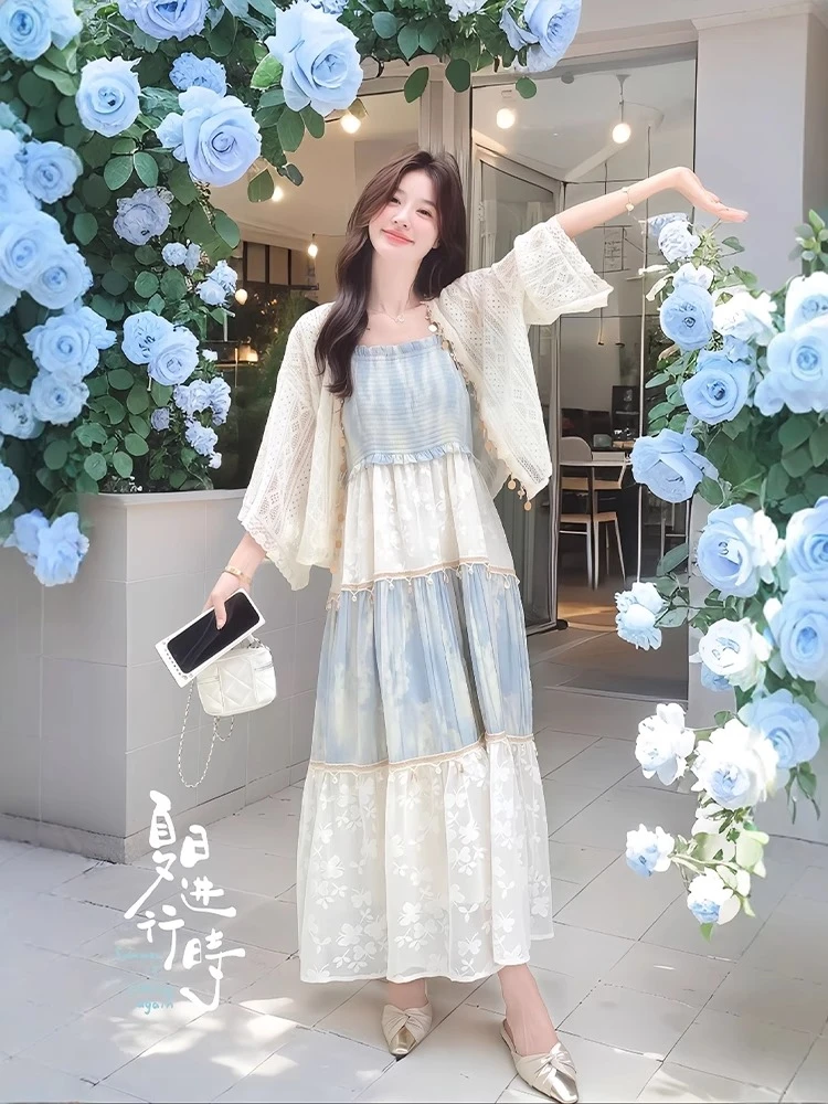 初夏穿搭一整套大码胖mm镂空开衫提花吊带裙海边度假风绝美套装女
