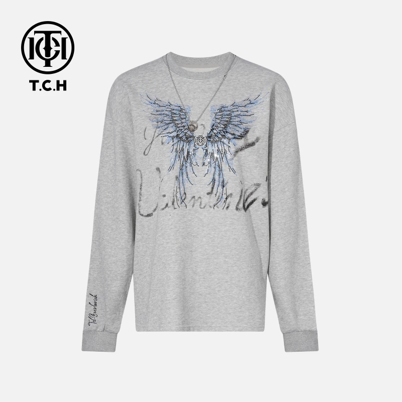 TCH轻奢烫钻工艺秋季圆领经典翅膀长袖t恤T75C11E5008私服tch