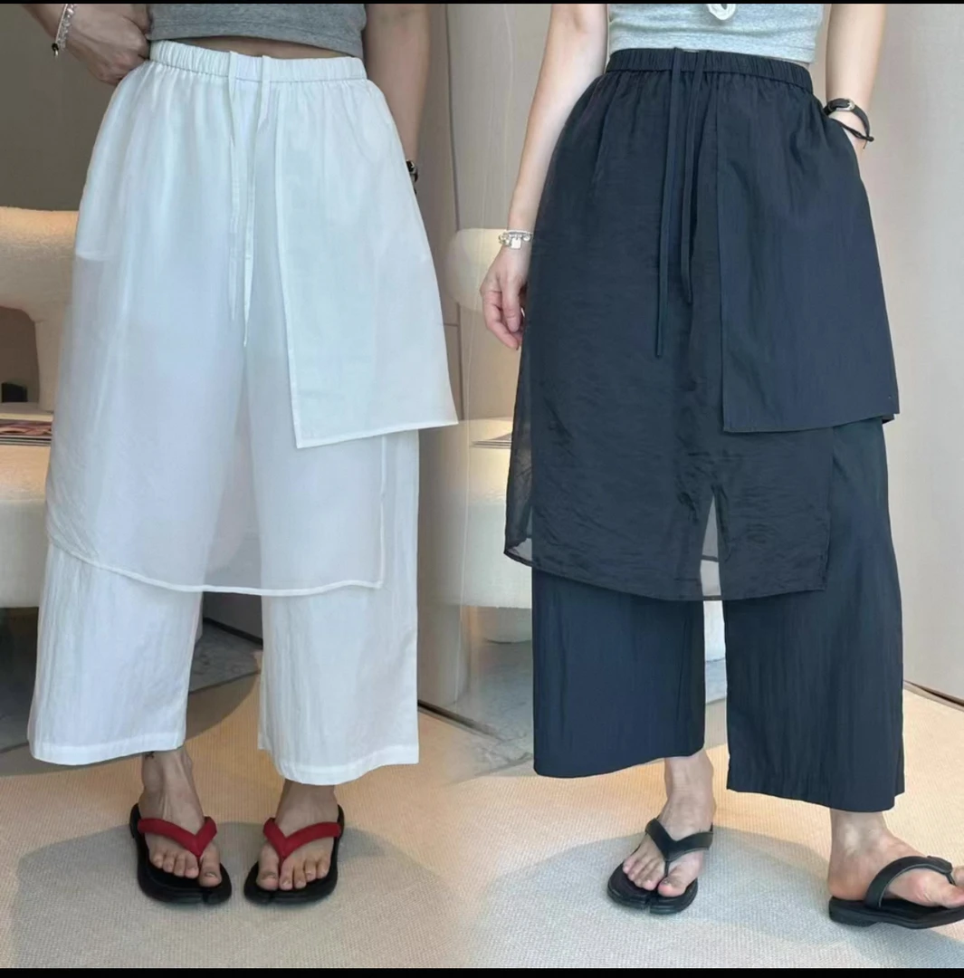 夏季纯色韩版裙裤九分裤休闲裤薄款松紧腰时尚直筒