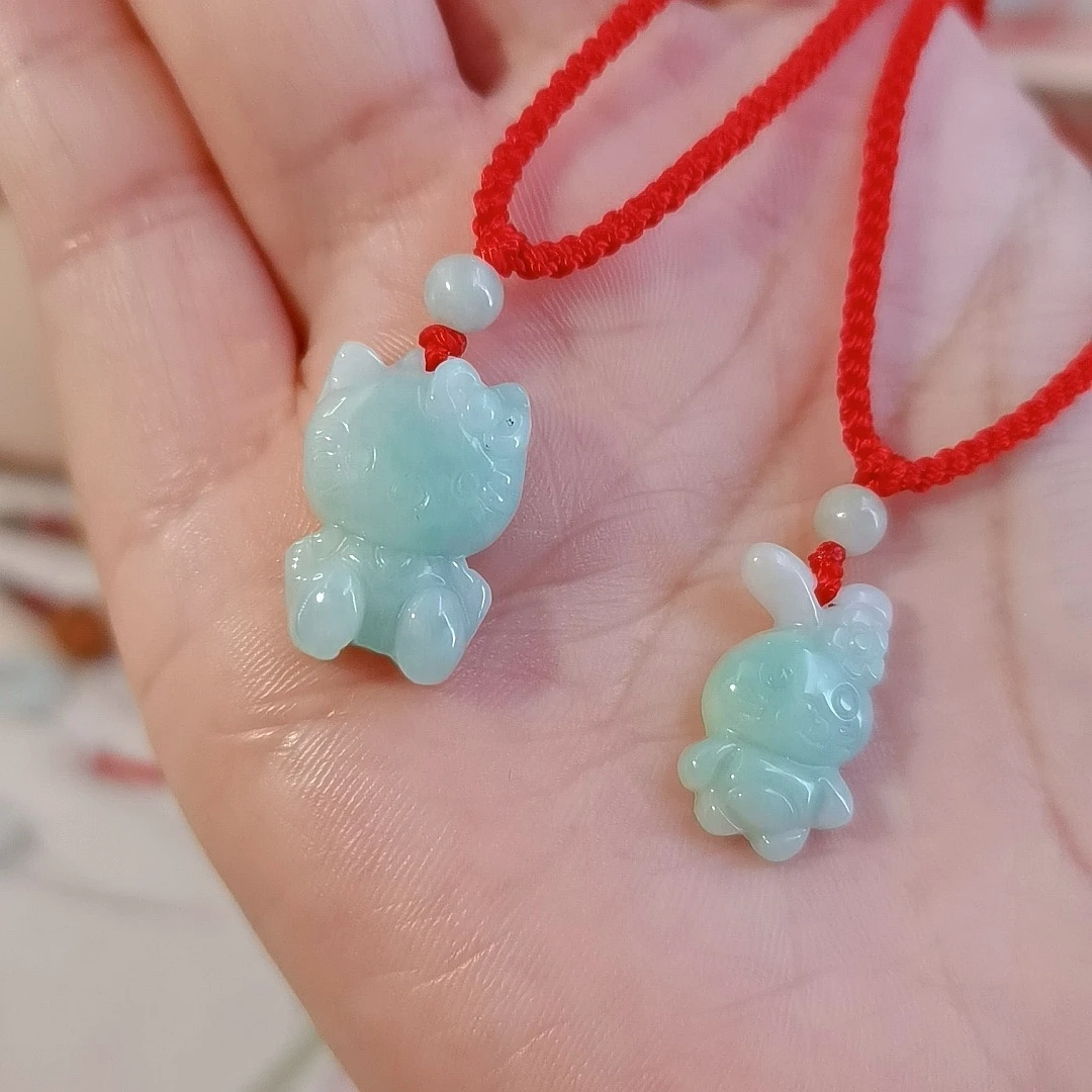 天然翡翠吊坠猫猫和兔子纯手工编绳挂绳特色款