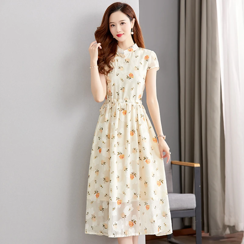 【直播爆款】桑蚕丝碎花立领气质连衣裙女装时尚显瘦夏装中长款裙子