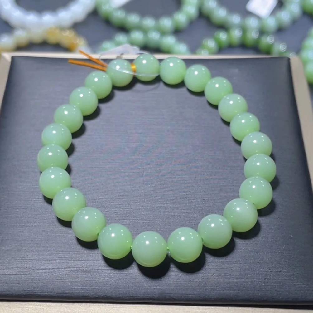 天然和田玉俄罗斯碧玉粉青绿底手串无暇无结构手串约8mm素圈手链