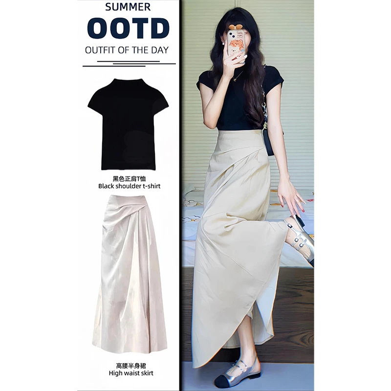 夏季穿搭一整女装2025新款气质黑色短袖上衣设计感半身裙韩系套装