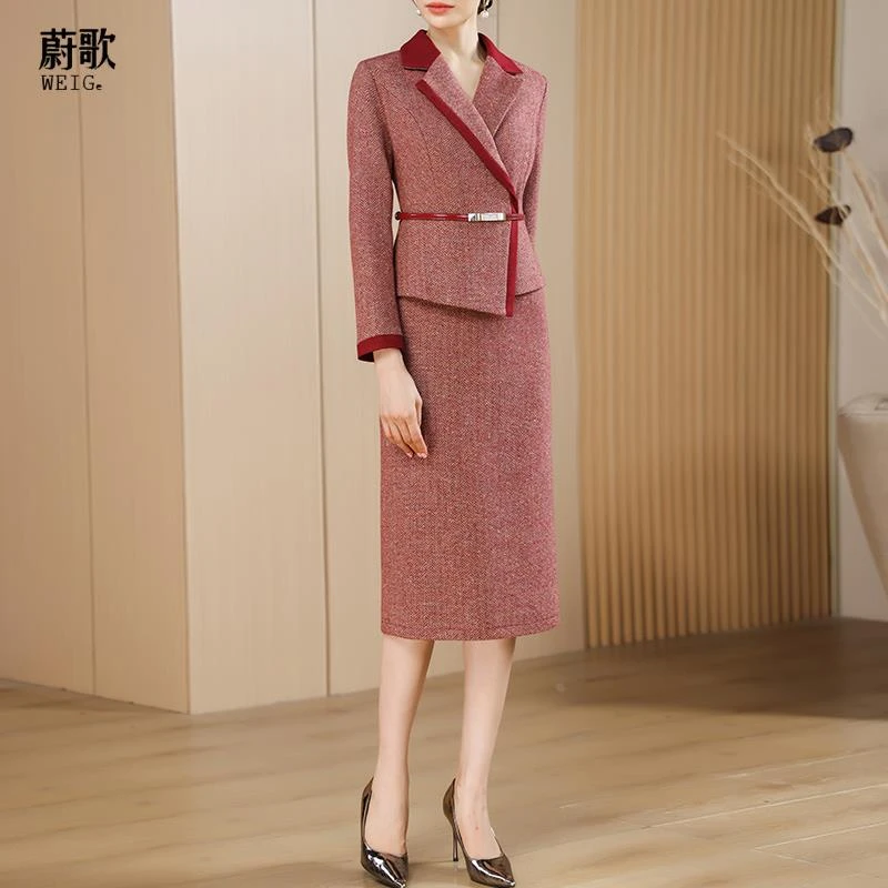 红色假两件含羊毛洋装女高端品质收腰商务气质包臀裙职业工作服