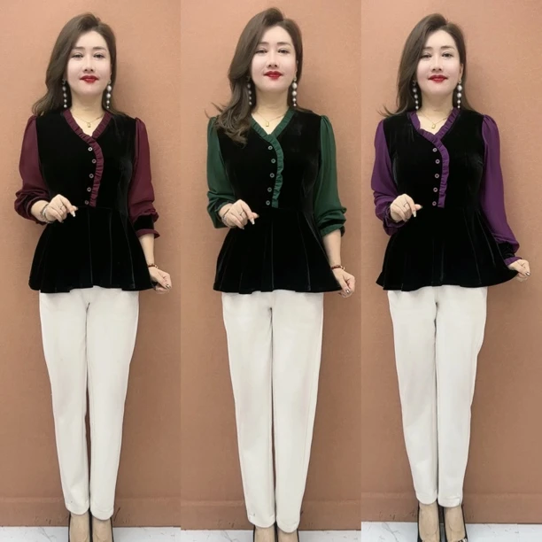 XW洋气减龄宽松撞色设计中老年春秋百搭圆领长袖上衣