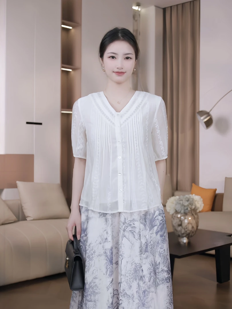 Nuovo Borgo 白色V领薄款天丝拼接衬衫宽松遮肚皱褶短袖上衣 1871