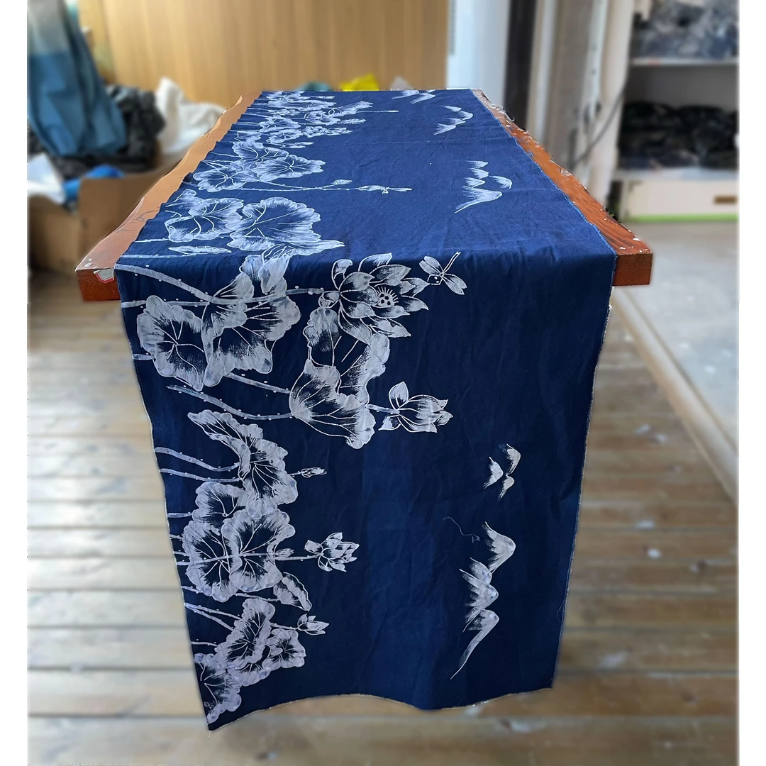 蜡染门户新款纯手工植物染蜡染荷花帆布桌旗桌布布艺