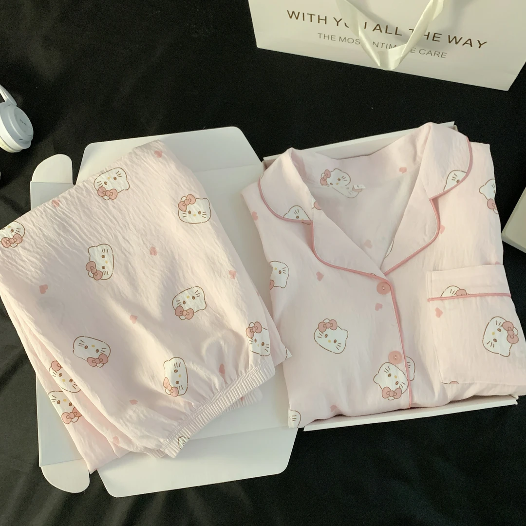 长袖翻领秋季睡衣家居服套装舒适卡通可外穿带胸垫宽松少女空调服